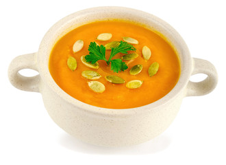 vitamin fresh pumpkin soup isolated on a white background