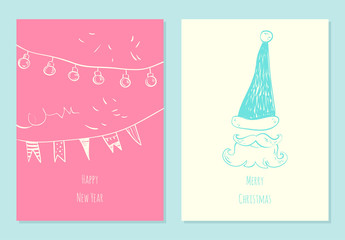 Happy New Year and Merry Christmas. Winter holidays card set. 