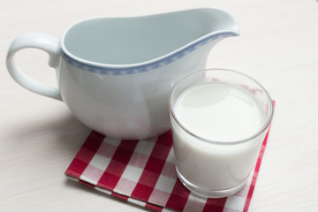 Glass of milk on table on blurred natural background