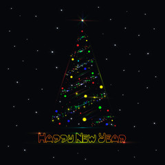 Happy New Year and Merry Christmas card with shining Christmas fir - tree on black background with stars. Vector illustration, EPS10.
