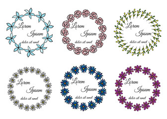 Set of floral round frames with your text. Color version. Doodle