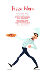 Cook with pizza. pizza menu. Italian pizza. Chef. Pizza delivery. Vector illustration in style flat