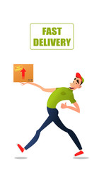 Fototapeta premium Fast free delivery. Courier runs with box on the order.Cheerful man courier.Colorful characters in a flat style