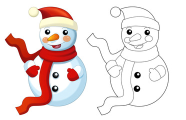 Happy cartoon snowmen - smiling and watching - isolated - with coloring page - illustration for children