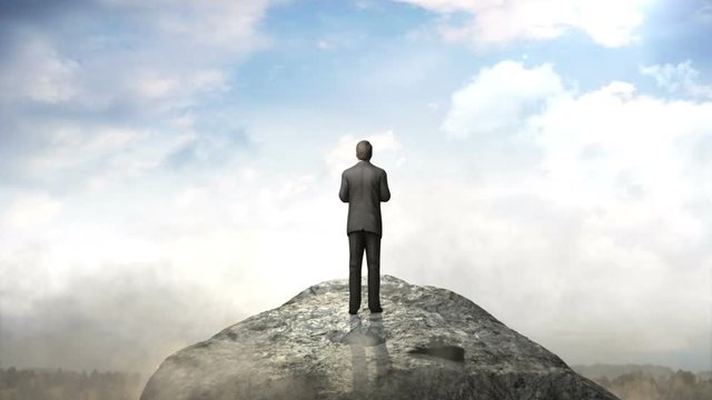 Breaks the wall. Businessman standing at the edge of cliff. blue sky.