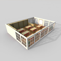 3d interior rendering of furnished library with brown tables