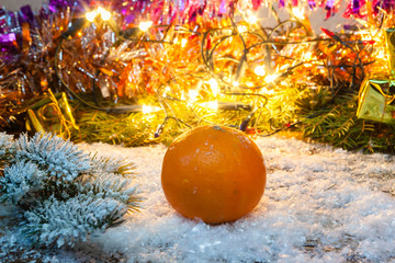 Fototapeta na wymiar Christmas composition with orange in the snow.
