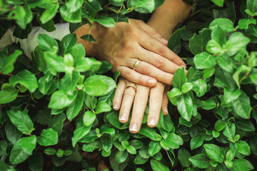 Bride and groom's hands with wedding and engagement rings