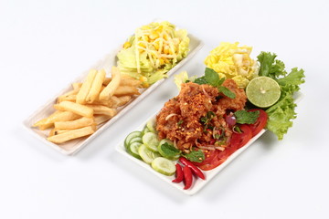 Spicy fried chicken salad (Yum Kai Zap in Thai) 