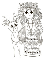 Cute anime girl in ethnic clothes with deer. Cartoon character. Vector illustration