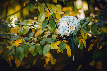beautiful wedding flowers bouquet of bright blue and white chamomile on the tree around yellow and...