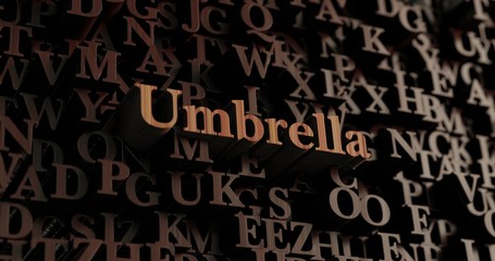 Umbrella - Wooden 3D rendered letters/message.  Can be used for an online banner ad or a print postcard.