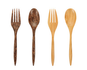 Pair,Spoon and fork made of palm wood isolated on withe
