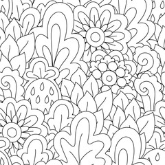 Seamless black and white background. Floral, ethnic, hand drawn elements for design. Good for coloring book for adults or design of wrapping and textile.