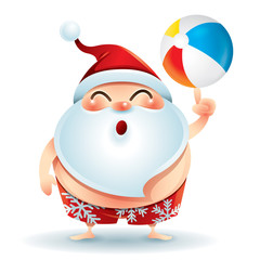 Santa Claus wearing swimsuit holding a beach ball