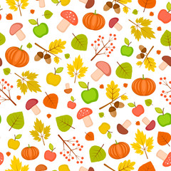 Autumn seamless pattern with pumpkins, apples and leaves