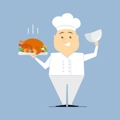 Chef with a dish in her hands. Roasted turkey. Vector flat