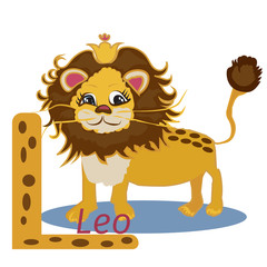 L letter. Funny cartoon lion. design in a colorful style.