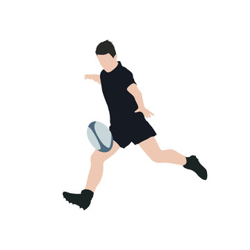 Rugby player kick ball, vector illustration. Running man with ba