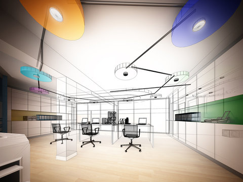 sketch design of interior office, wire frame 