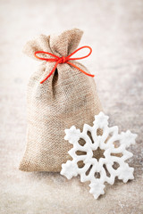 Christmas gard. Gift bag with burlap. Christmas decoration.