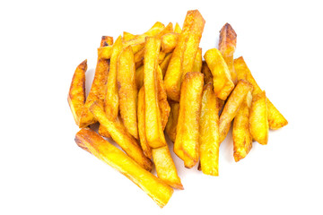 Homemade fast food portion of french fries isolated on white background.
