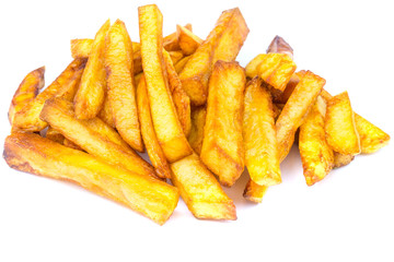 Homemade fast food portion of french fries isolated on white background.