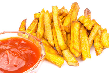 Homemade fast food portion of french fries and ketchup, isolated on white background.
