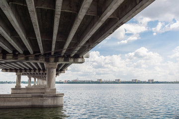 A long concrete bridge across the Dnieper River. Ukraine.