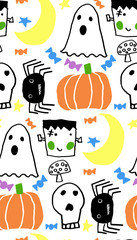 Fototapeta premium Halloween seamless funny patter with orange halloween pumpkins and skull carved faces silhouettes. Can be used for scrapbook digital paper, textile print, page fill. Cartoon style.