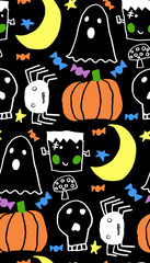 Halloween seamless funny patter with orange halloween pumpkins and skull carved faces silhouettes. Can be used for scrapbook digital paper, textile print, page fill. Cartoon style.