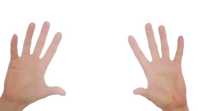 Woman hand on white background. hand gestures. press tits