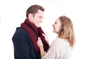 Woman holding man's autumn casual conforter