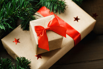 Christmas gifts wrapped in craft pape