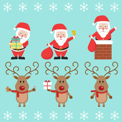 Santa Claus and Christmas reindeer. Funny cartoon character. Vector illustration. Isolated on white background. Set