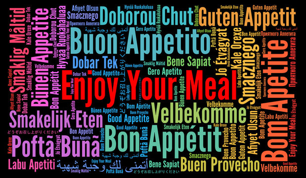 Enjoy your meal in different languages word cloud 