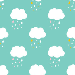 Flat design cute sky with rainy clouds seamless pattern background.
