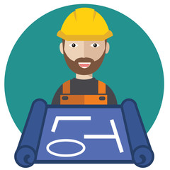 Engineer worker with blueprint vector flat design