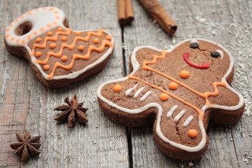 Christmas gingerbread cinnamon, Christmas decorations, tea, beads, Santa's sleigh. beautiful festive dessert.