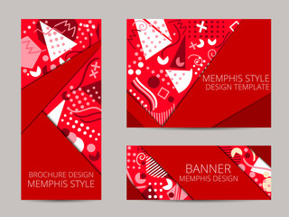 Design brochure in memphis style. Geometric memphis pattern banner and flyer. Brochure design template. Vector illustration.