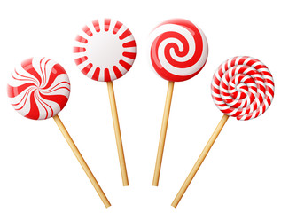 Set of christmas candy on wooden stick. Striped peppermint lollipops isolated on white. Vector illustration for christmas, new years day, sweet-stuff, winter holiday, dessert, new years eve, etc