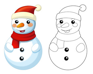Happy cartoon snowmen - standing watching and smiling - greeting to someone - isolated - with coloring page - illustration for children