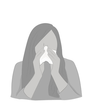 recommend clip art: silhouette of a girl with a runny nose. Cover your nose with a handkerchief. cold. vector illustration.