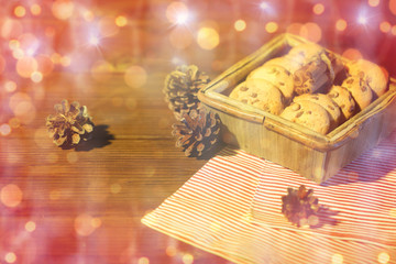 close up of christmas oat cookies on wooden table