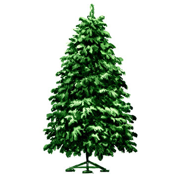 Christmas green fir tree on metal stand isolated, watercolor illustration