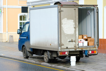 Moscow, Russia -October, 16, 2016: Truck stands on an unloading near warehouse gate