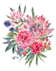 Watercolor bouquet of roses, protea and wildflowers