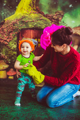 curious little baby  glad his  mother