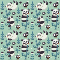Seamless cute pattern with Panda and bamboo, plants, jungle, bird, berry, flowers