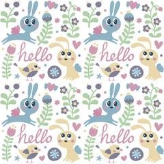 Seamless cute pattern made with rabbit, hare, bird, flowers, animals, plants, hearts, love, hello, berry, Valentine's day, lovers, couple, wings